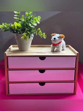 Source Unknown Pink and Natural Wood 3-Drawer Desk Organizer Box
